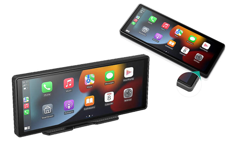 Two images of the popscreen immerse, showing the touchscreen with apple carplay and android auto